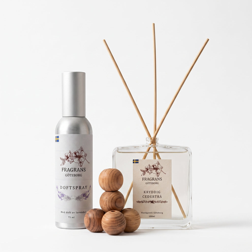 Doftset: Doftspray, Doftpinnar "Kryddig Cederträ" & Cederträkulor Fragrans Göteborg
